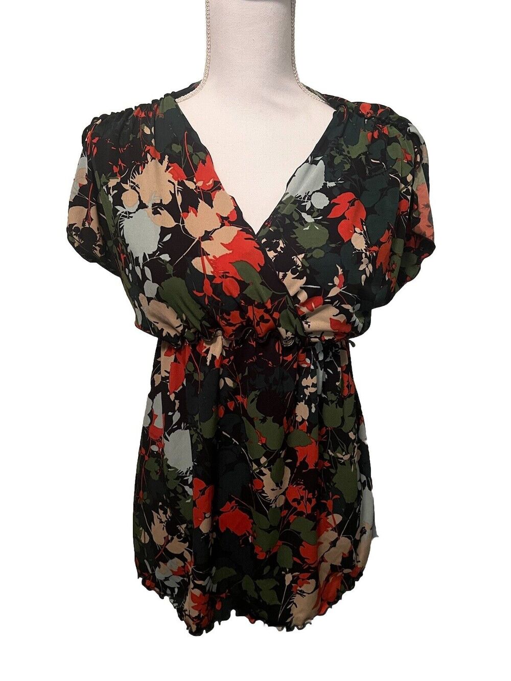 JW San Francisco Green Orange Multi Color Floral Short Sleeve Blouse Sz S